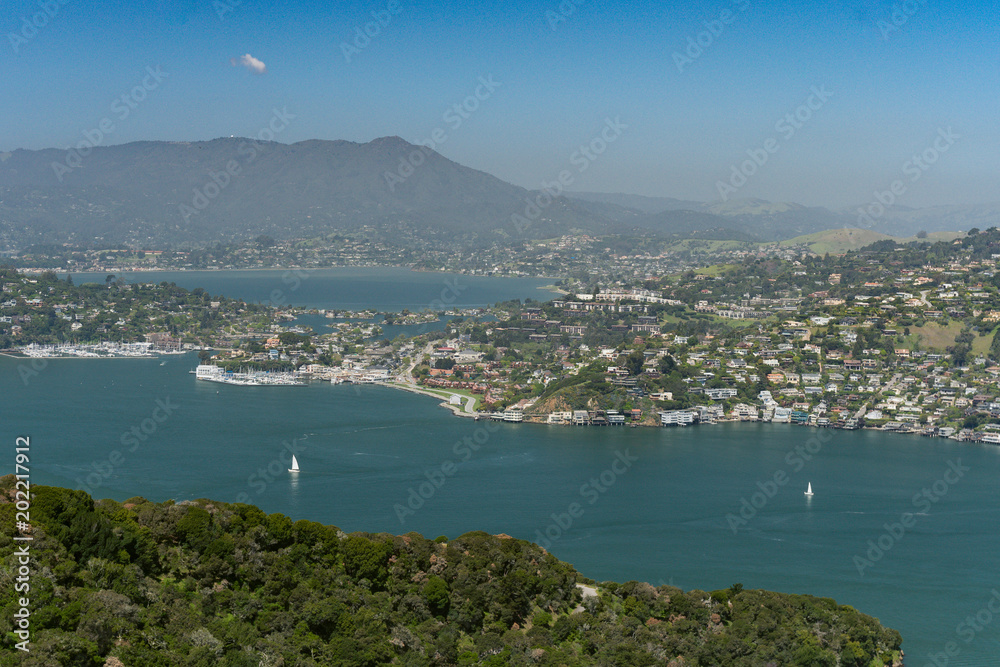 Wide sweeping view of Tiburon, the Marin Headlands and surrounding bay seen from up high on Angel Island