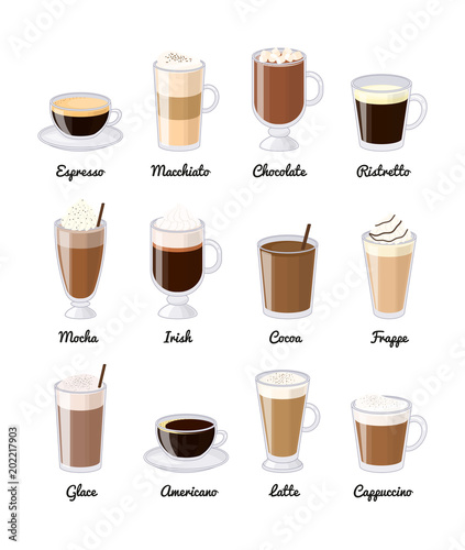 Different coffee drinks isolated on white background.