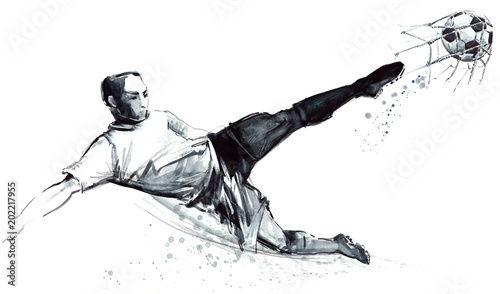 football player in action on white background. Soccer silhouette hand drawn sketch illustration