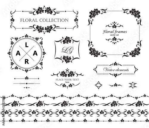 Set of flourish frames, borders, labels. Collection of original vector design elements.