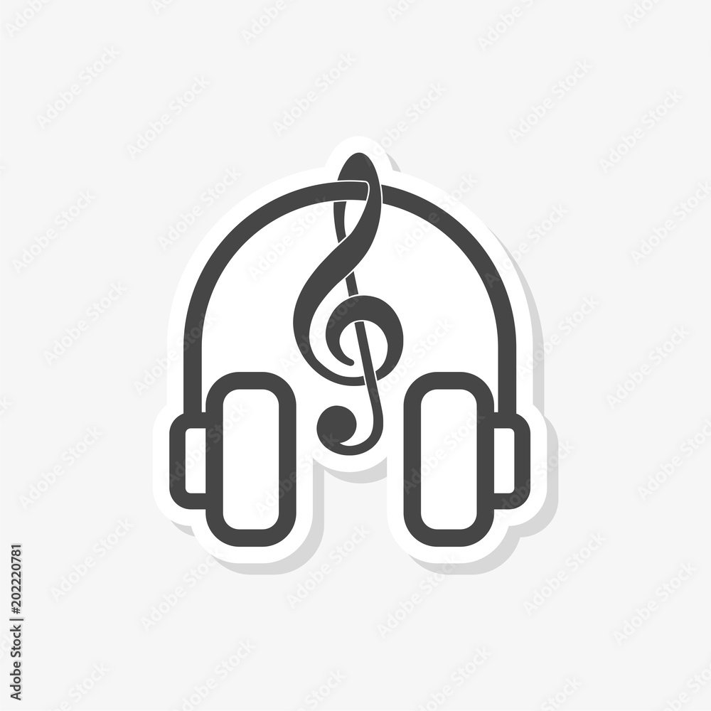Headphones with treble clef sticker, simple vector icon