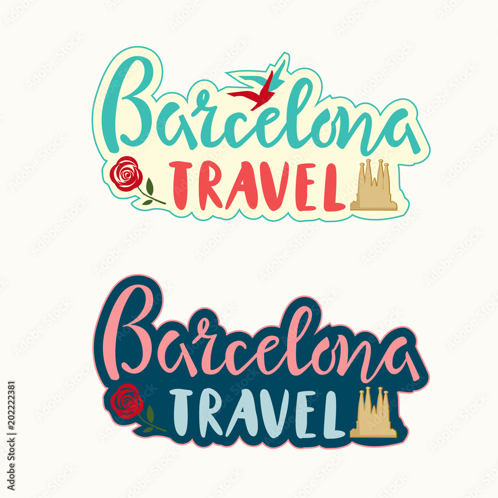 Barcelona travel lettering set with Cathedral silhouette, rose and birds tourist design style template, brochure, sticker, invitation. Vector illustration
