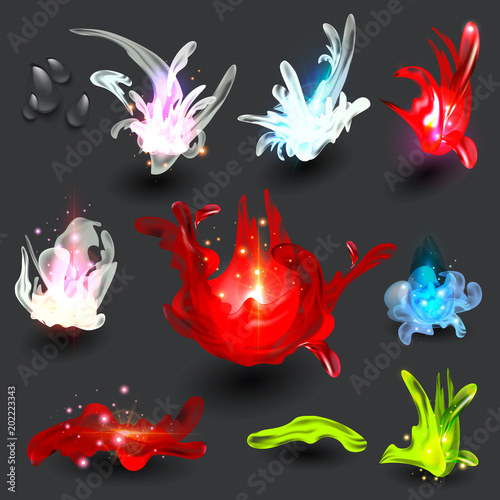 Spray paint. Splashes of color water. Stains and drops. Vector isolated object on dark background. photo