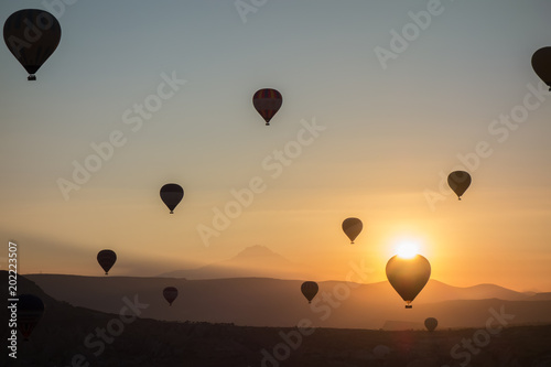 Hot air balloons in the sky during sunrise. Flying over the valley at Cappadocia, Anatolia, Turkey. Volcanic mountains in Goreme national park.