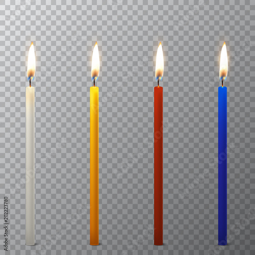 Vector 3d realistic different paraffin or wax burning party candle icon set closeup isolated on transparency grid background. White, orange, red, blue. Design template, clipart for graphics
