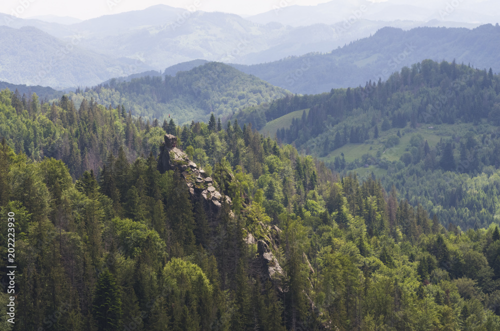 Dovbush Rocks - the famous landmark of the Carpathians, view from the neighboring mountain; Two flags on the top