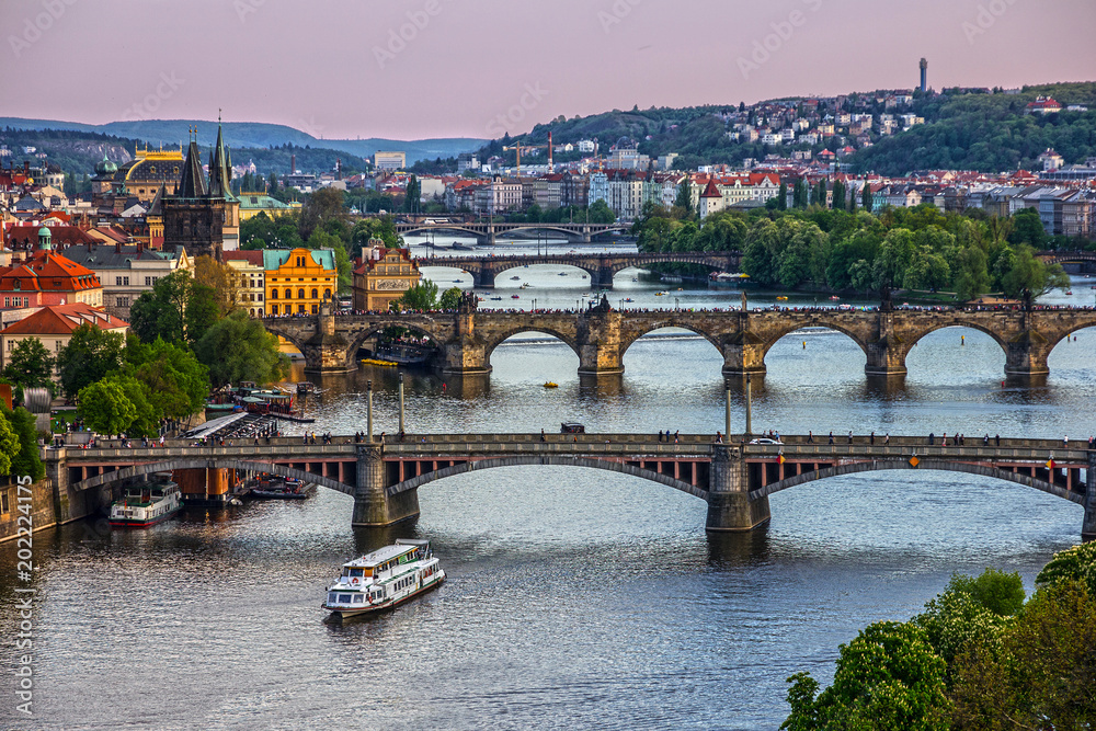 Prague city, Czech Republic. River bridges panorama