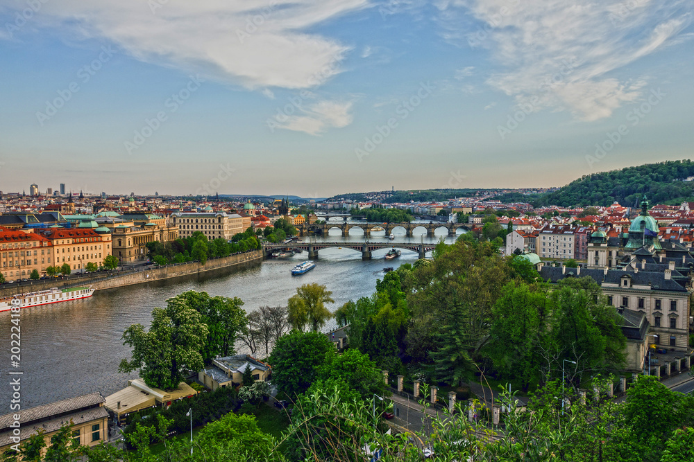 Prague city bridges panorama, Czech Republic