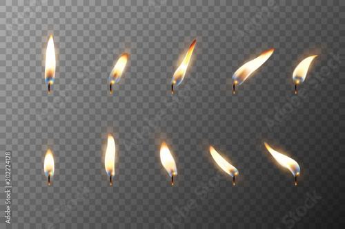 Fototapeta Vector 3d realistic different flame of a candle or match icon set closeup isolated on transparency grid background