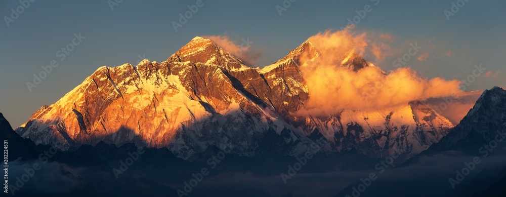 Evening sunset red colored view of Everest