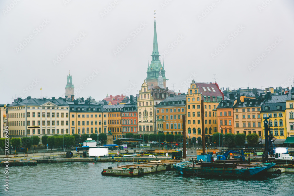 Aerial panorama of the Old Town (Gamla Stan) with colorful buildings  in Stockholm, Sweden