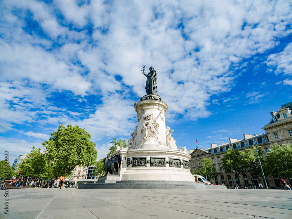Panorama of Republic statue in Paris, France in sunny day