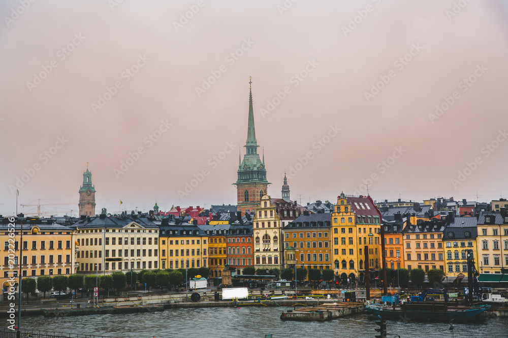 Fototapeta premium Aerial panorama of the Old Town (Gamla Stan) with colorful buildings in Stockholm, Sweden