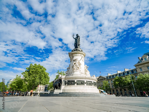 Photography Panorama of Republic statue in Paris, France in sunny day