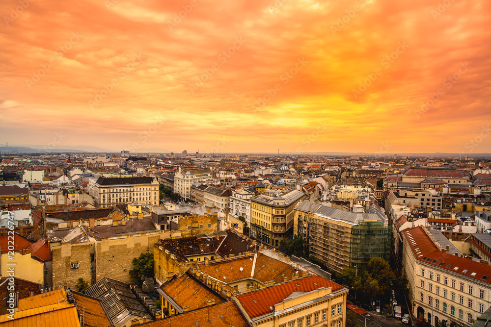 Budapest, Hungary - Aerial panoramic skyline of Budapest with Magical Sunset 