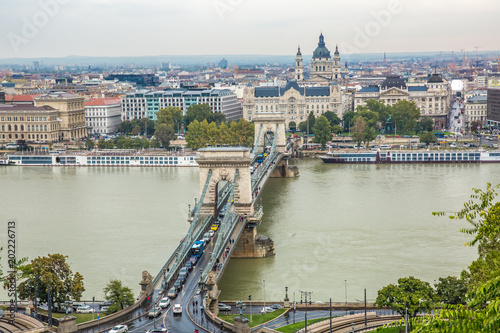 wide angle aerial view of Budapest  Hungary  with Danube river 
