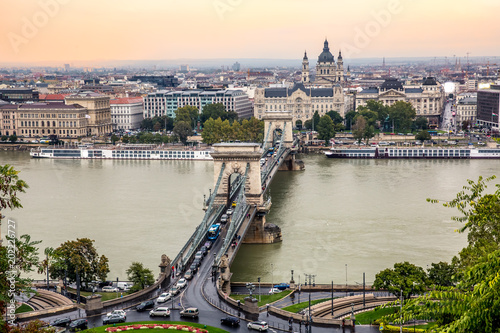 wide angle aerial view of Budapest, Hungary, with Danube river 