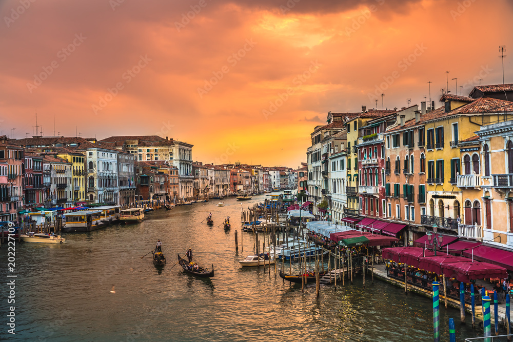  view of Gondola  Canal Grande   at sunset in Venice, Italy- Long Exposure Photo.