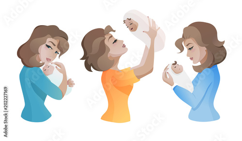 Set of young mothers with baby in the hand.