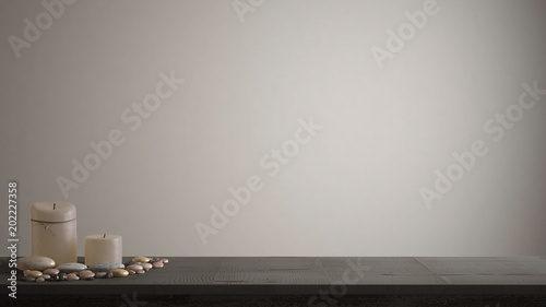 Photography Empty interior design concept, wooden vintage table or shelf with candles and pe