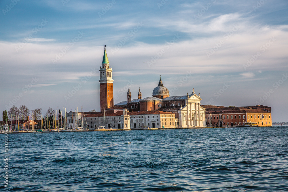 Sunset in San Marco square, Venice, Italy. Venice Grand Canal. Venice postcard with gondolas