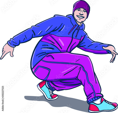 isolated comic vector breakdancer in cool pose in color. character design