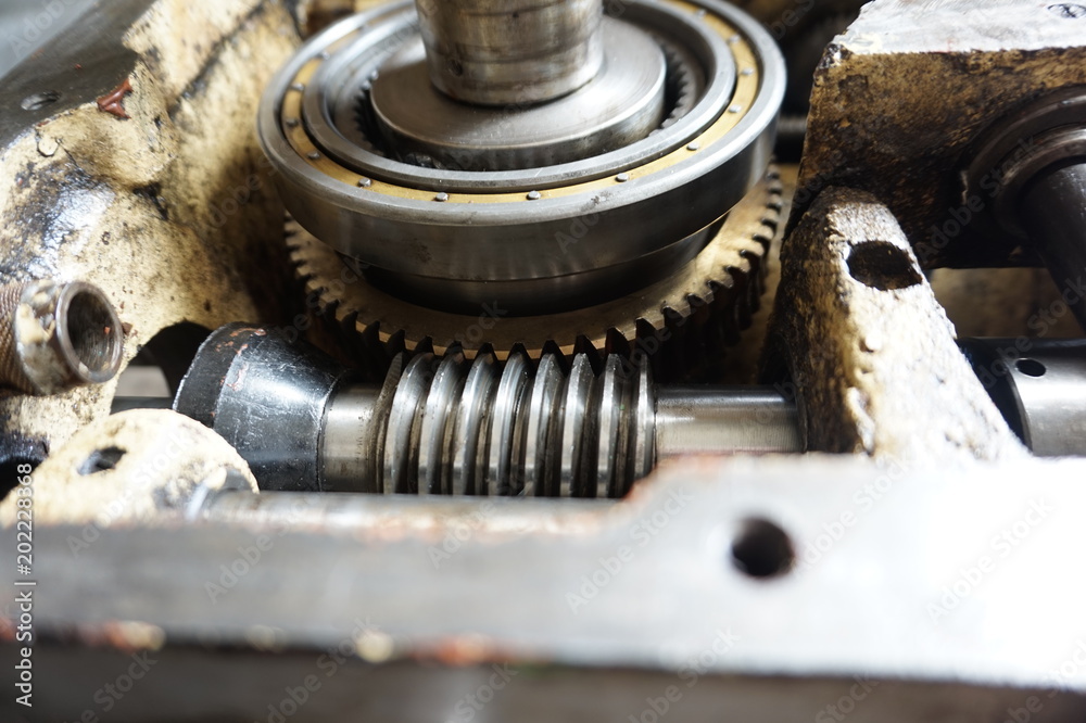 Disassembled machine with reducer, screws, bearings, worm shaft. Disassembled machine with reducer, screws, bearings, worm shaft.