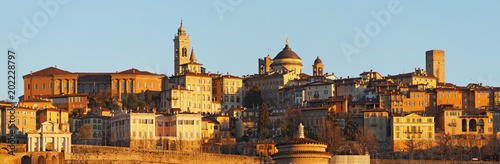 Bergamo, Italy. Landscape on the old town located on the top of the hill from the new city (downtown) at the sunrise