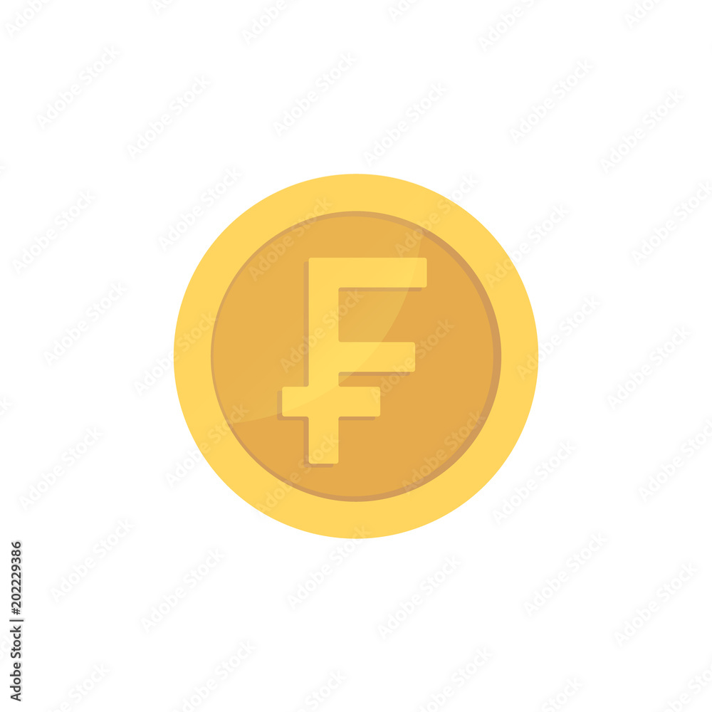 Golden glossy swiss franc coin. Gold pictograph franc shiny coin. Golden glossy swiss franc coin. Gold pictograph franc shiny coin.