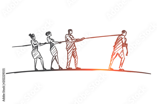 Hand drawn people pulling rope to different sides