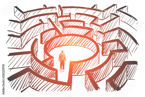 Hand drawn man standing in center of labyrinth