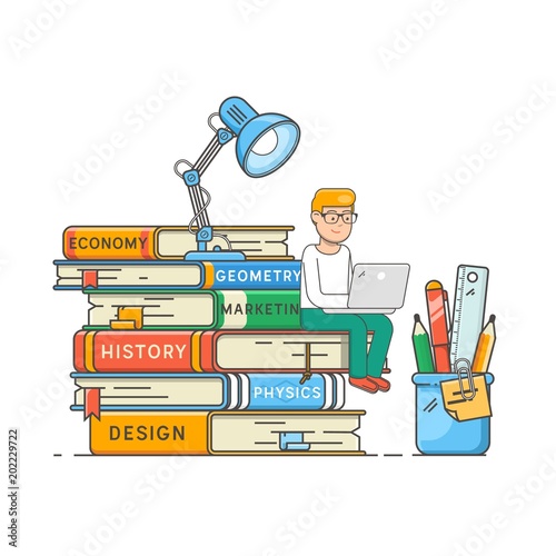 Book readers club, self education concept. Boy sitting on a stack of big books.Flat vector illustration