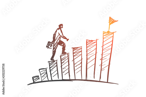 Hand drawn businessman climbing stairs to the top