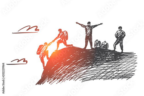 Hand drawn people helping each other to climb up