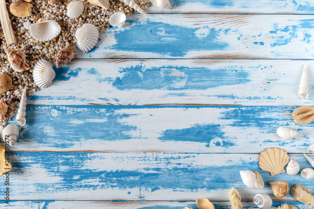 Naklejka premium Sea shells frame on vintage blue wooden board