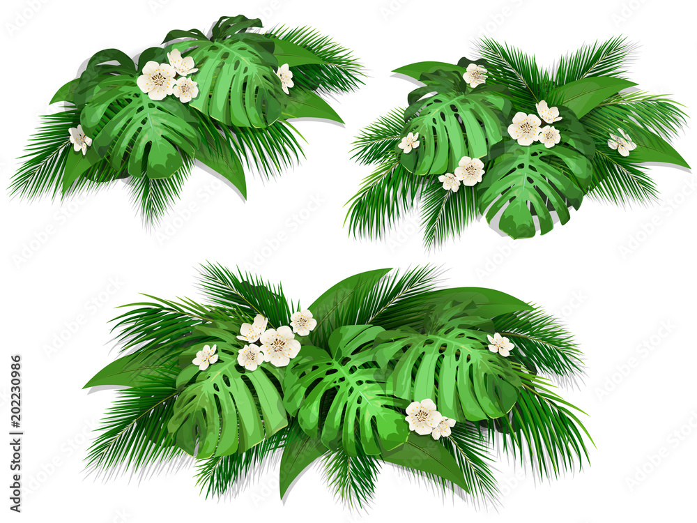 Naklejka premium Summer composition with exotic leaves. Set of bush tropical palm leaves, monstera and flowers for web page background, wallpaper, textile or poster.