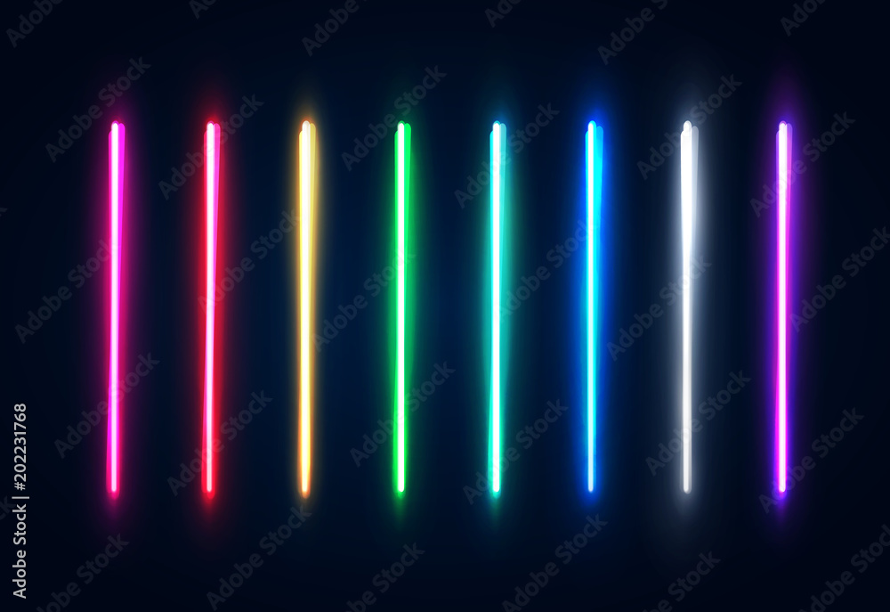 Halogen or led light lamps elements pack for night party or game design. Neon light tubes set. Colorful glowing lines or borders collection isolated on dark blue background. Color vector illustration. - obrazy, fototapety, plakaty 