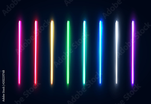 Halogen or led light lamps elements pack for night party or game design. Neon light tubes set. Colorful glowing lines or borders collection isolated on dark blue background. Color vector illustration.