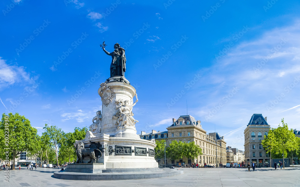 Paris panorama of the monument to the Republic with the symbolic statue of Marianna, in Place de la Republique Paris panorama of the monument to the Republic with the symbolic statue of Marianna, in Place de la Republique