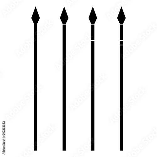 Simple, black (silhouette) spear illustration. Four variations. Isolated on white