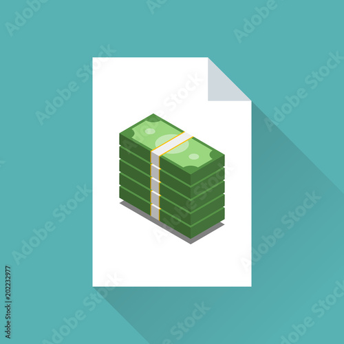 Isometric money icon in flat design placed on a white blank document page. Pile of cash money in a white sheet.