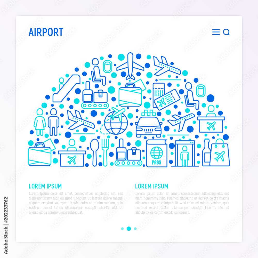 Airport concept in half circle with thin line icons: check-in counter, gates, boarding pass, escalator, toilet, food court, baggage claim, wrapping service, duty free, departures. Vector illustration. Airport concept in half circle with thin line icons: check-in counter, gates, boarding pass, escalator, toilet, food court, baggage claim, wrapping service, duty free, departures. Vector illustration.