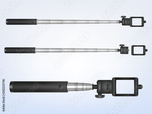 Vector 3d realistic monopod for smartphone, folding handle. Phone holder for photo, selfiestick. Aluminum camera stand for video stability, photographer device. Modern tool, selfie stick