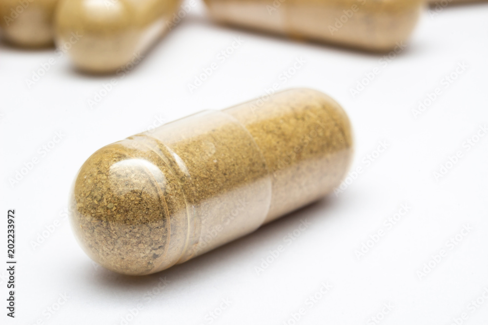 Herbal Drug. Close up Herbal medicine in clear capsule.