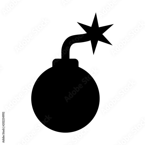 Simple, flat, black cartoon bomb silhouette icon. Isolated on white