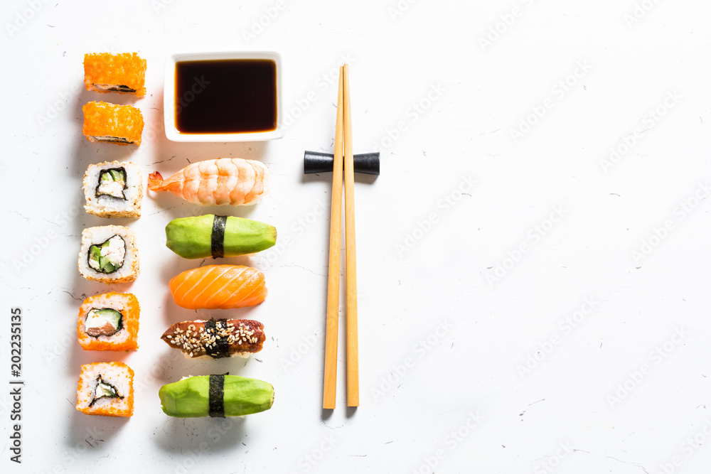 Sushi and sushi roll set on white background. Sushi and sushi roll set on white background.