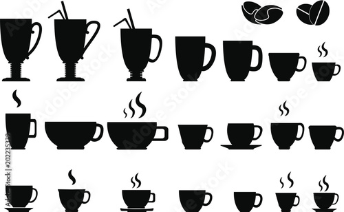 Coffee cups and beans icons set: mocha, espresso, cappuccino, latte, americano, ruff coffee, mokkochino, makiyato,frappe. Black and white vector illustration