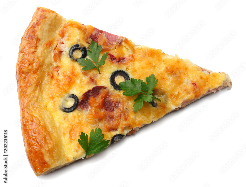 Piece of pizza with olives isolated on white background. top view Piece of pizza with olives isolated on white background. top view