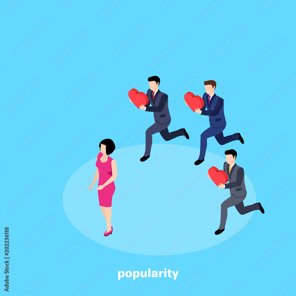 men in business suits with a heart in their hands run for a beautiful woman in a pink dress, an isometric image
