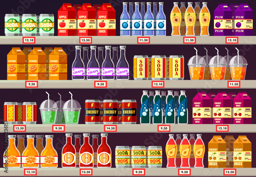 Supermarket or shop showcase or stall with drinks